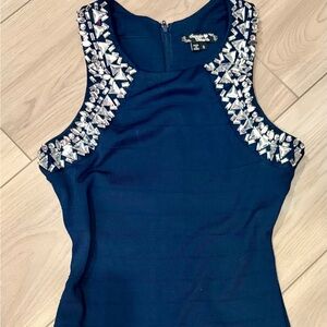 Navy Blue Embellished Shoulder Bodycon Dress